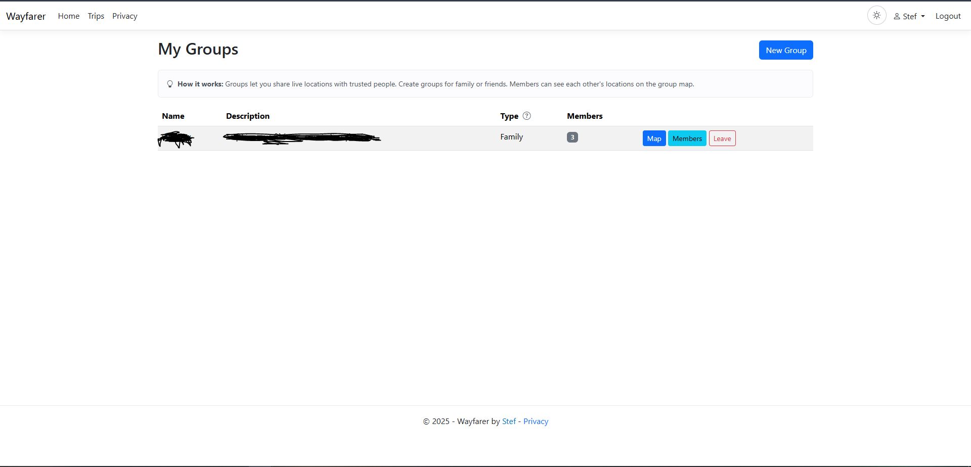 My Groups list with map, membership and leave actions
