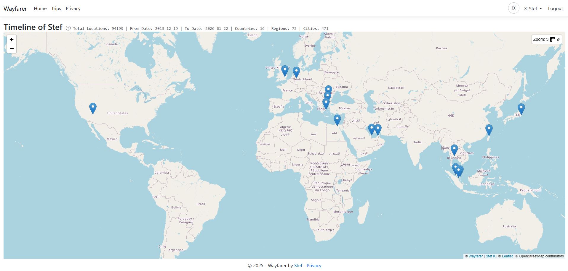 A Wayfarer Timeline showing recorded locations on a map