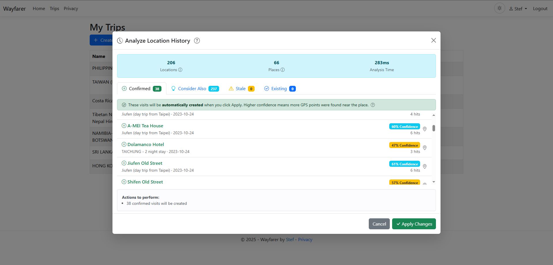 Visit backfill preview with match categories and an action summary